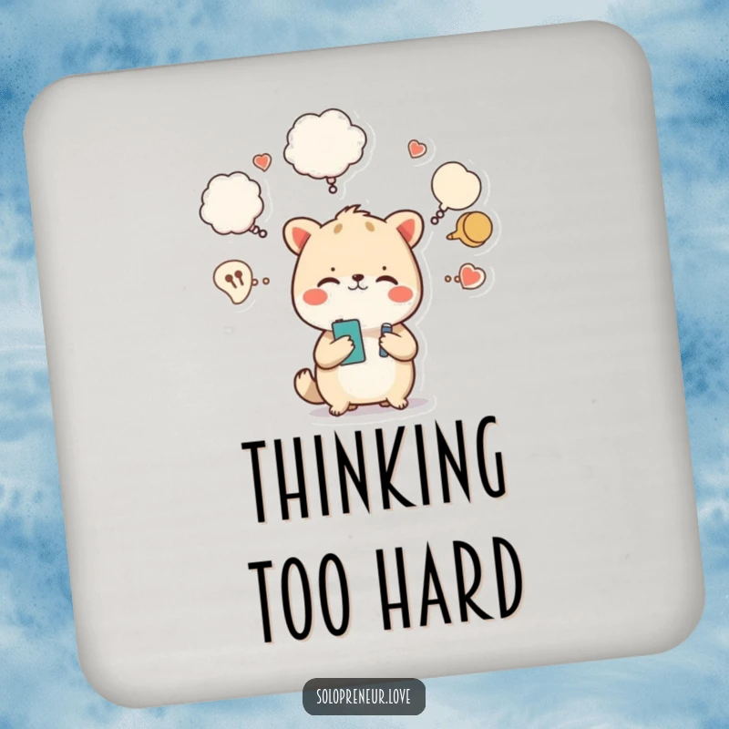 Funny drink coasters featuring a busy animal character with thought bubbles, protecting surfaces with humor.