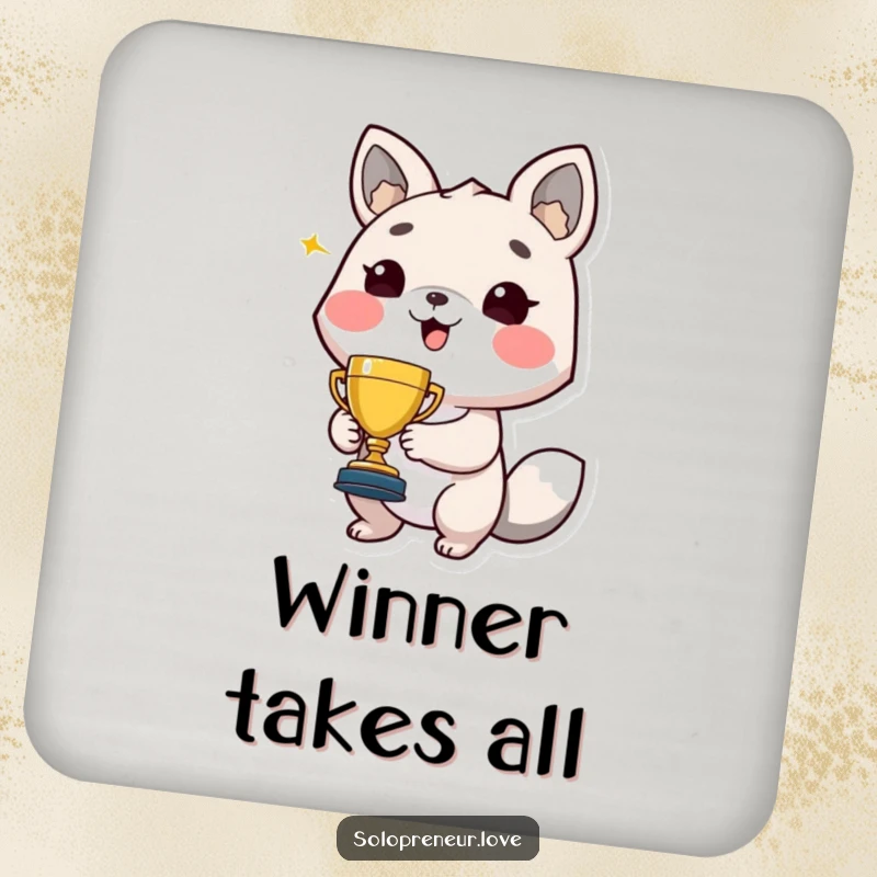 Funny drink coaster featuring a proud animal character holding a tiny trophy, beaming with a hilarious, celebratory vibe.