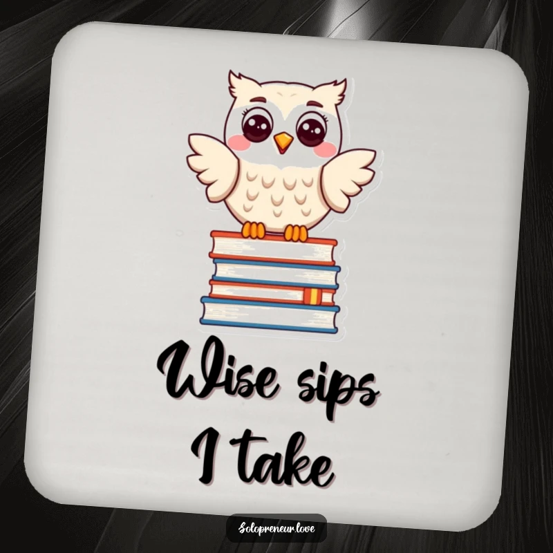 Funny coaster with a happy owl character perched on a stack of books, perfect for book lovers protecting their surfaces.