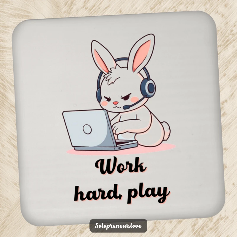 Funny determined rabbit character, headset on, typing on a laptop, featured on absorbent and decorative drink coasters.