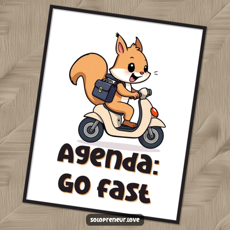 Funny squirrel in business attire, on a scooter with a briefcase, depicted in a vibrant and humorous poster artwork.
