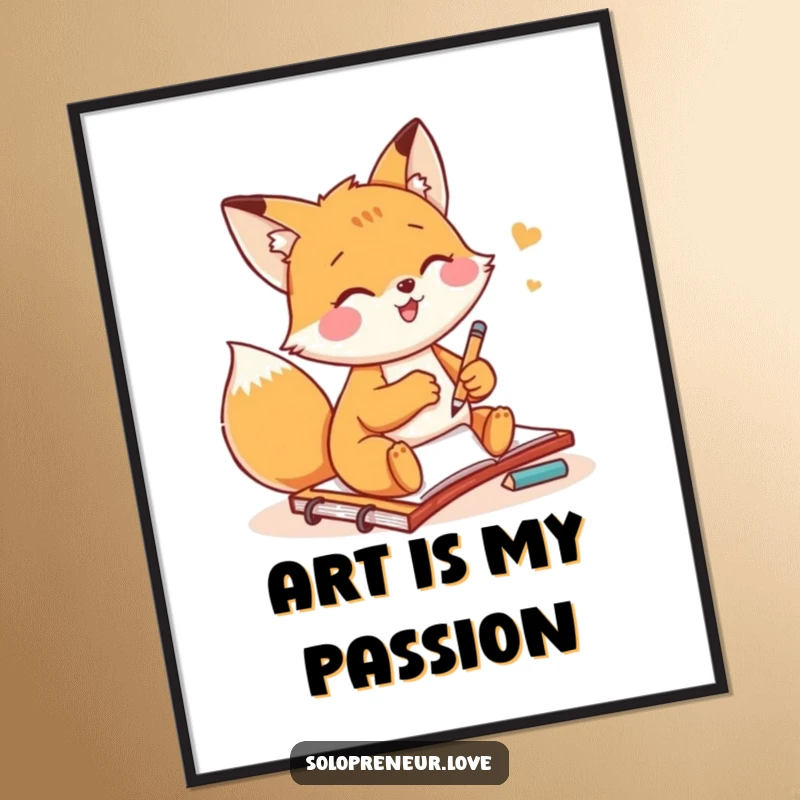 Funny fox artist poster featuring a small fox gleefully sketching on a notepad, perfect for humorous art decor.
