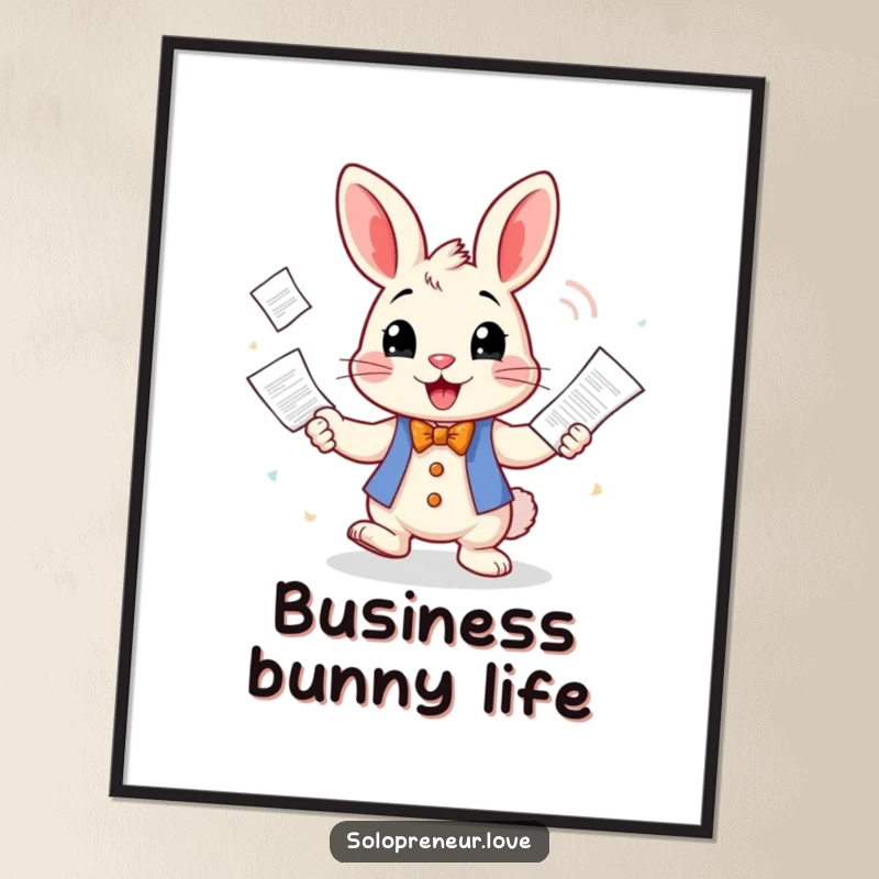 Funny Poster depicting a cheerful rabbit character expertly juggling a stack of business invoices, adding humorous wall art to any office.