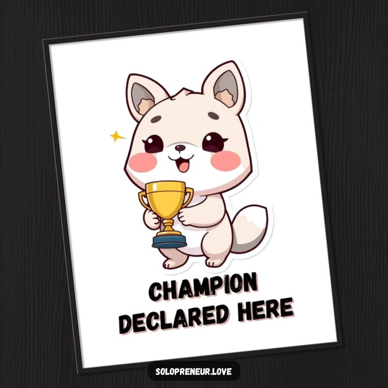 Funny poster print of a proud animal character holding a tiny golden trophy, beaming with a hilarious, joyful expression.