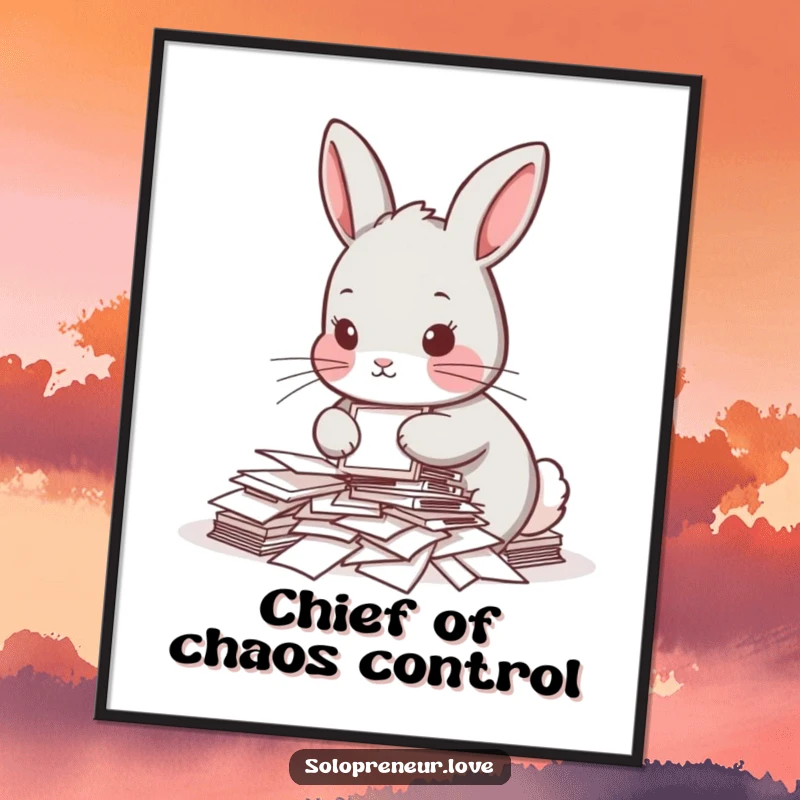 Funny poster depicting a determined rabbit seriously organizing a pile of papers, bringing office humor and motivational vibes to any wall space.