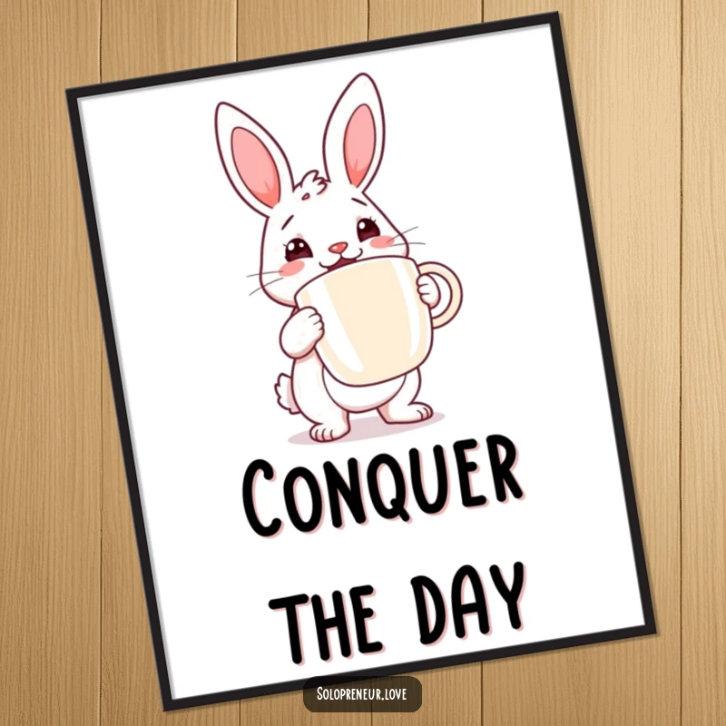 Funny rabbit coffee poster featuring a determined rabbit cheerfully holding a large coffee cup, perfect for motivational decor.