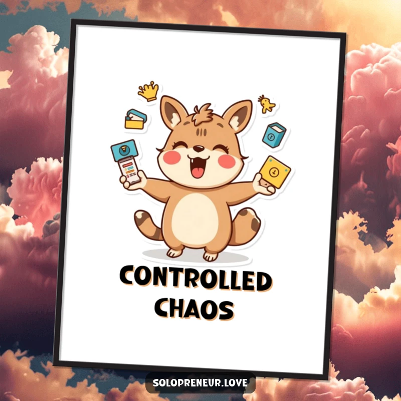 Funny juggling animal poster art of a playful character energetically juggling task icons, adding vibrant, humorous energy to decor.