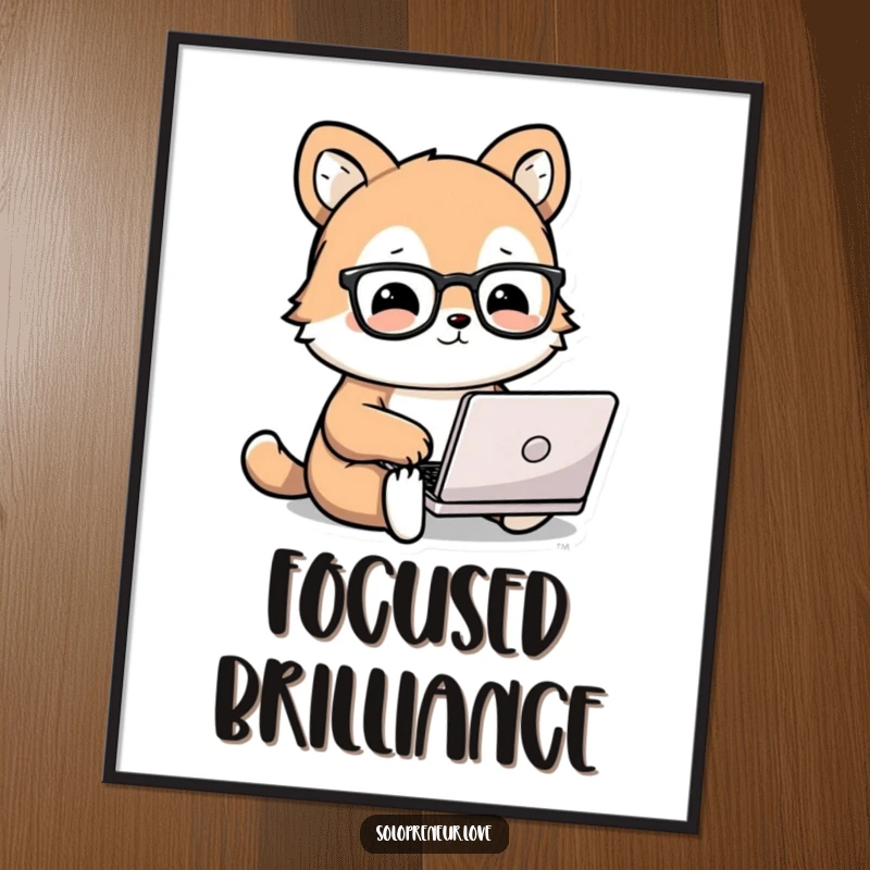 Funny animal poster art of a cute, bespectacled animal character working on a small laptop, adding intelligent humor to decor.