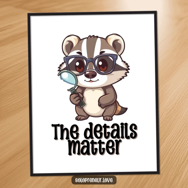 Funny badger investigator poster print, featuring a badger with glasses and magnifying glass, a humorous piece for decor, a great funny gift.
