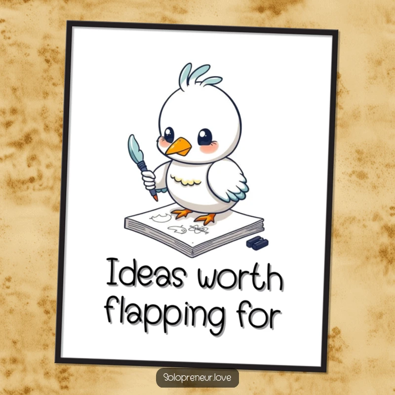 Funny bird poster depicting a creative character intently sketching on a notepad with a feather pen, adding humor to wall art.