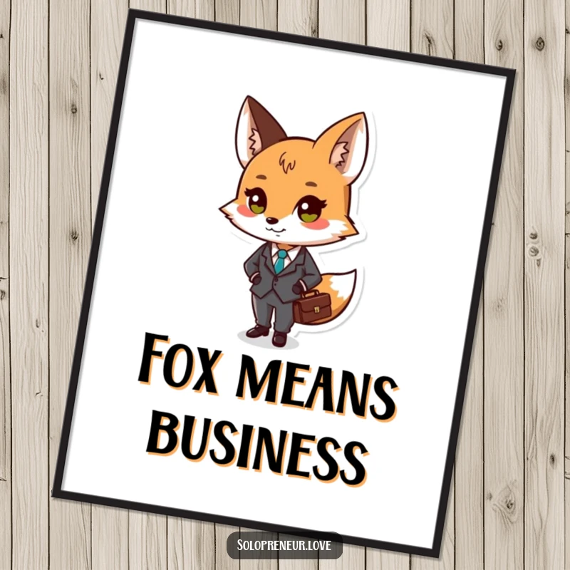 Funny poster featuring a small fox character in a tiny suit, holding a briefcase, adding a touch of corporate humor.