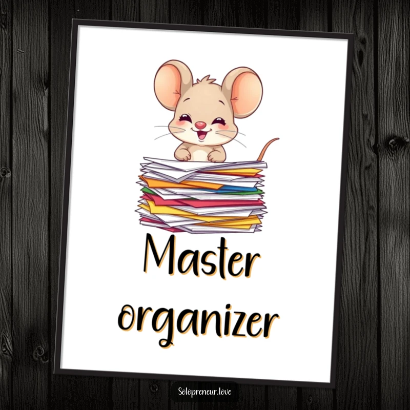 Funny giggling mouse poster of a character joyfully organizing colorful papers, bringing whimsy and cheer to any room.