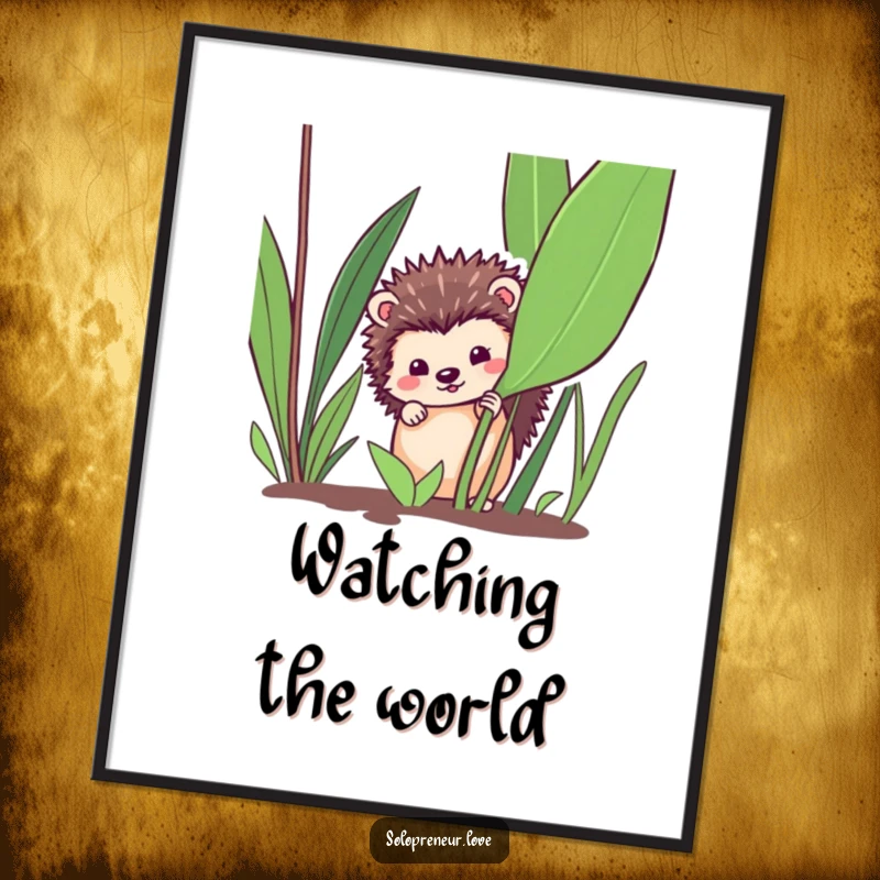 Funny hedgehog hideaway poster, featuring a hedgehog peeking from behind a plant, a charming and funny gift for walls.