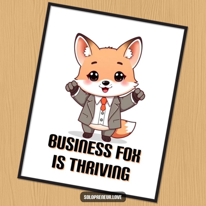 Funny Kawaii Fox in a miniature business suit, hands raised in celebration of success, on a motivational poster.