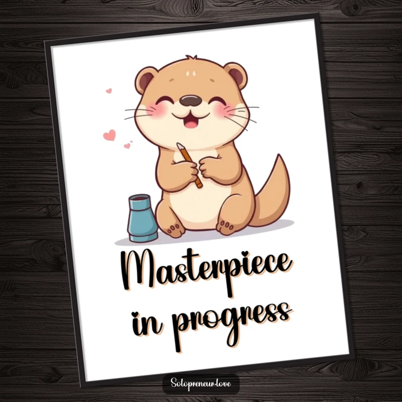 Funny poster of a cheerful otter creating digital art on a canvas, a vibrant and inspiring piece of wall art.