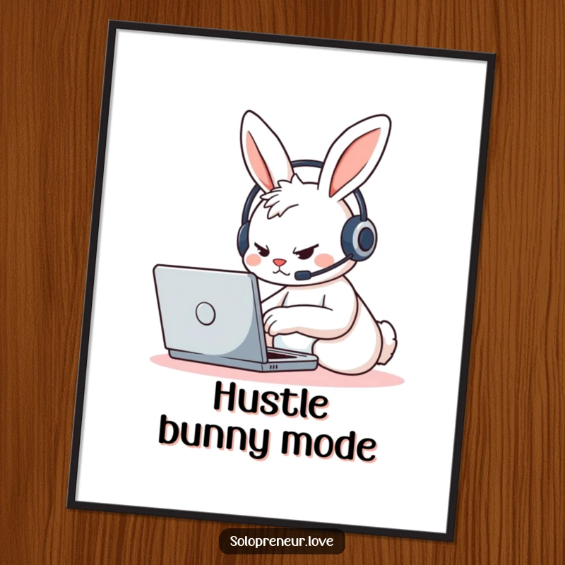 Funny determined rabbit character with a headset, furiously typing on a laptop, presented as a humorous poster print.