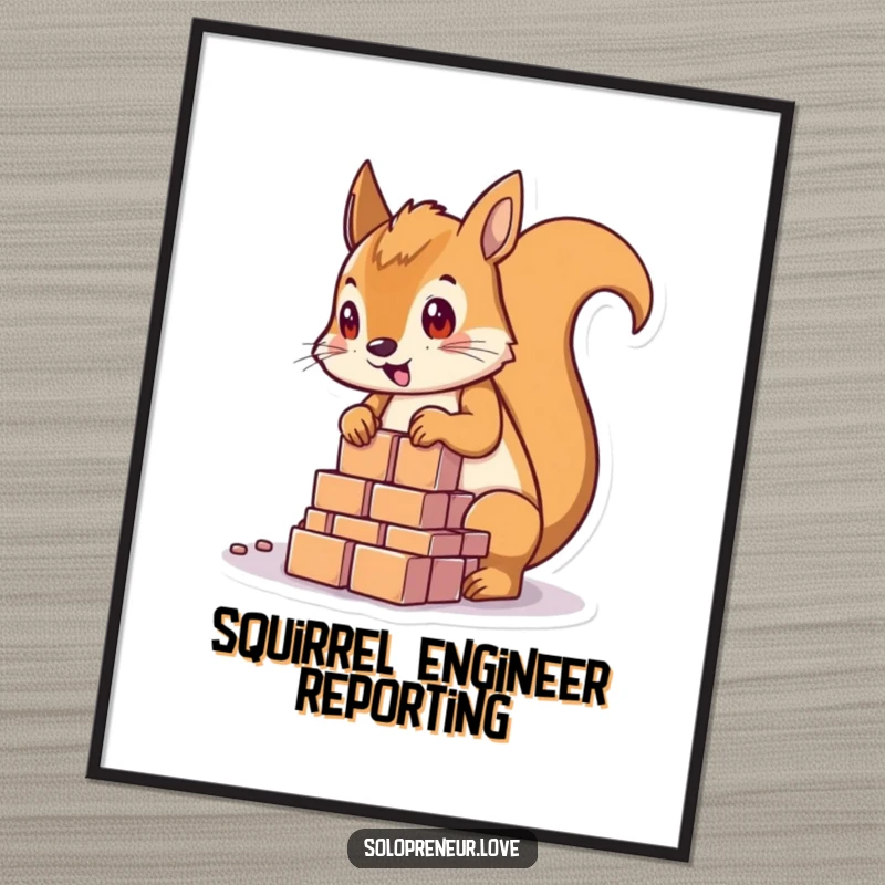 Funny determined squirrel character concentrating intensely while building a tower of blocks on a motivational poster.
