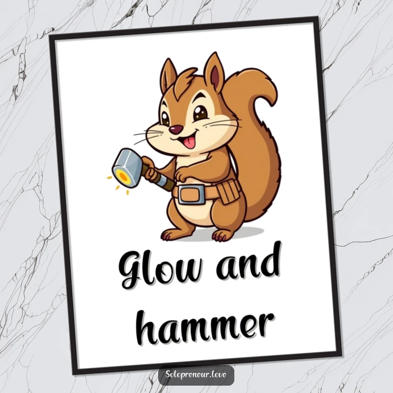 Funny Squirrel Carpenter Poster: Wall art of a squirrel with a tool belt, hammering a glowing bolt, symbolizing dedication.