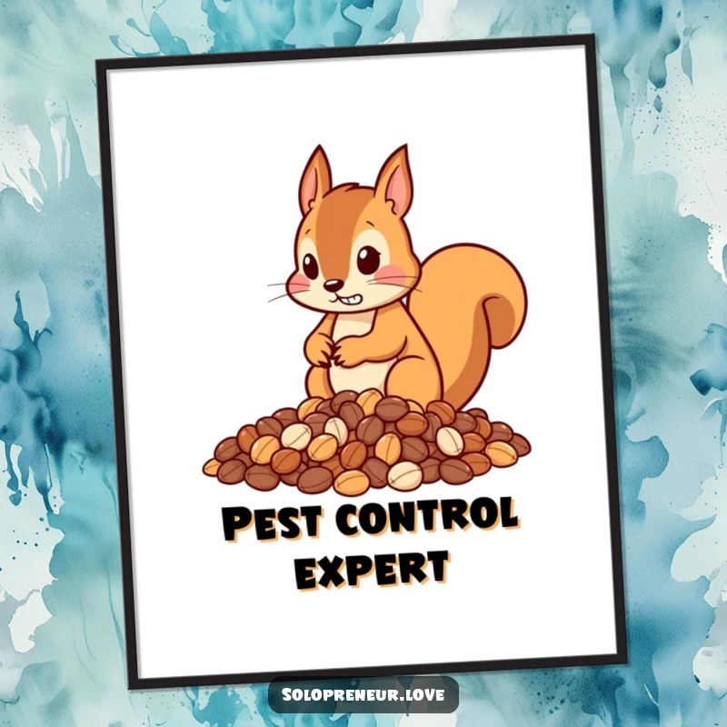 Funny poster featuring a determined squirrel character creating perfect piles of nuts, symbolizing focus and organizational achievement.