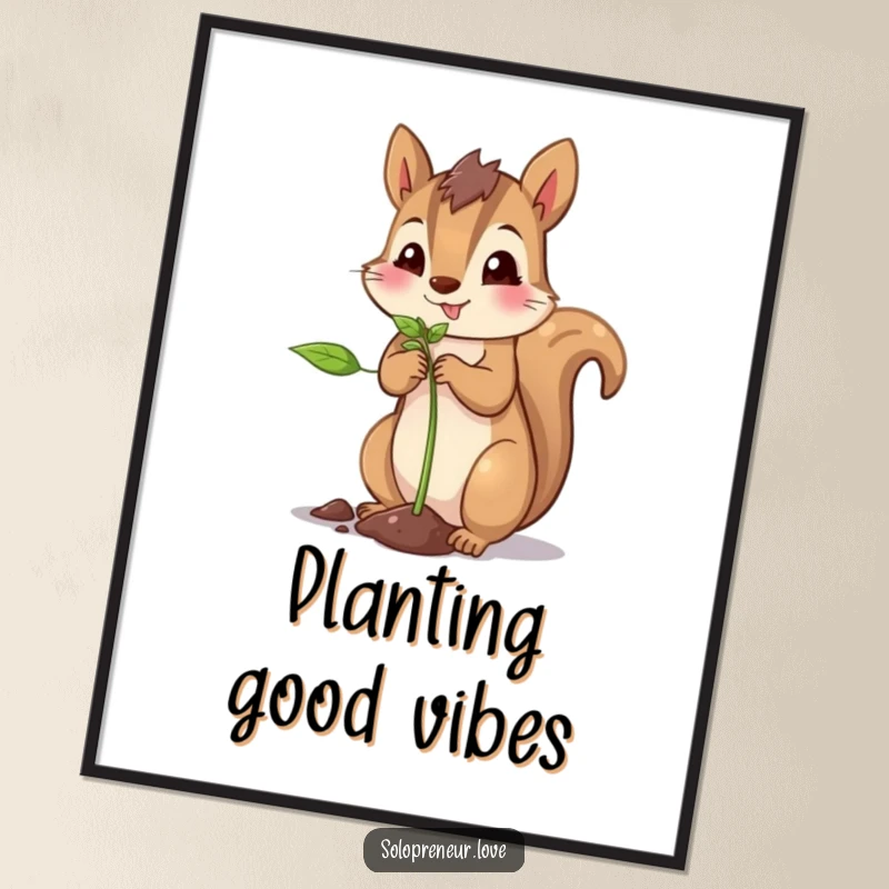 Funny squirrel planting poster featuring a proud squirrel beaming as it plants a tiny, vibrant sprout.
