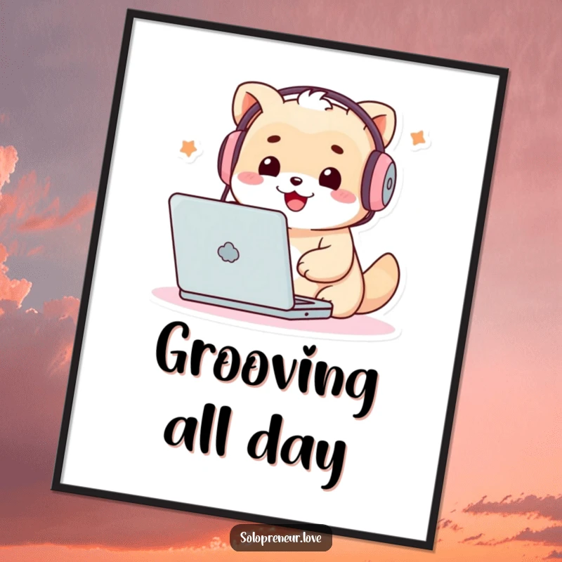 Funny Techie Creature Poster: Artistic depiction of a cute character in headphones, engrossed in typing on a laptop with enthusiasm.