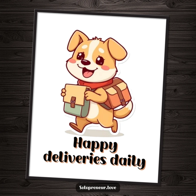Funny dog poster featuring a busy character gleefully delivering a package while wearing a messenger bag, bringing humorous energy.