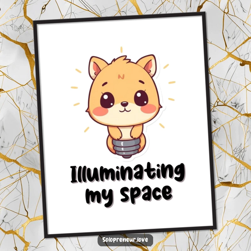 Funny poster artwork depicting a curious animal fascinated by a glowing lightbulb, inviting wonder and creative thought.