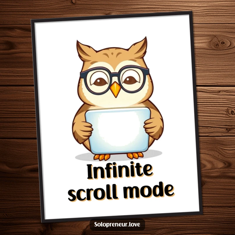 Funny owl character wearing glasses, intently reading a glowing tablet, depicted in a humorous poster artwork.