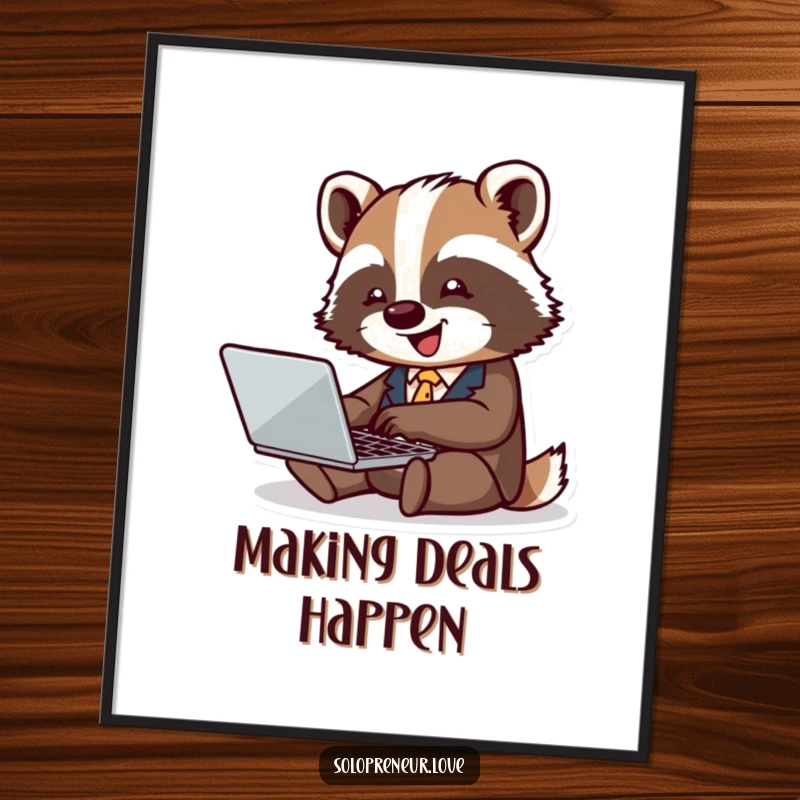 Funny badger business poster featuring a tiny badger in a suit typing joyfully on a laptop, perfect for motivational decor.