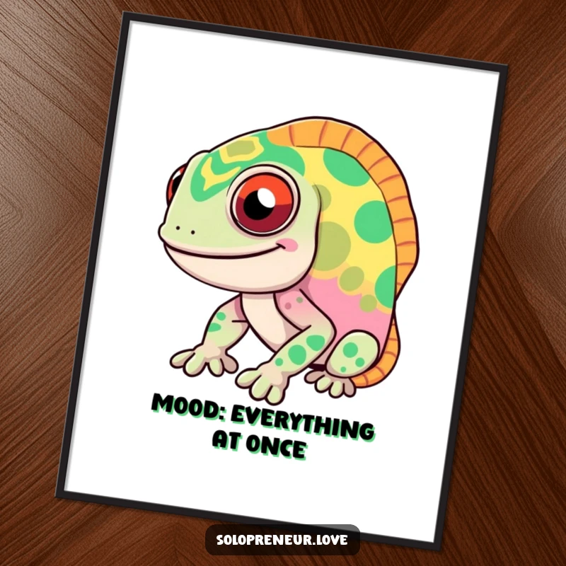 Funny chameleon poster featuring a smiling character in mid-color-change, a visually striking and humorous piece of wall art.