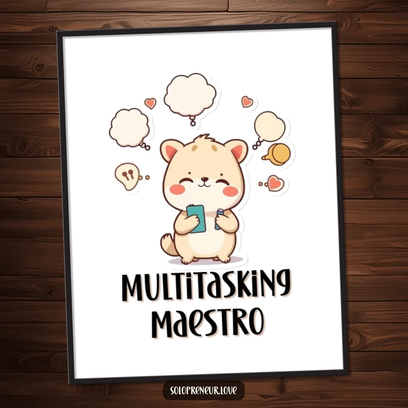 Funny poster of a busy animal character with overflowing thought bubbles, a humorous piece of wall art.