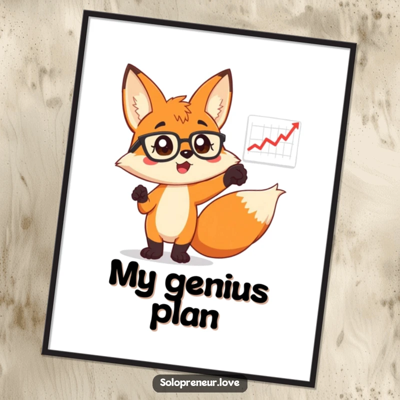 Funny Fox in Glasses Poster: Motivational wall art of a fox pointing excitedly at a floating chart, symbolizing growth.