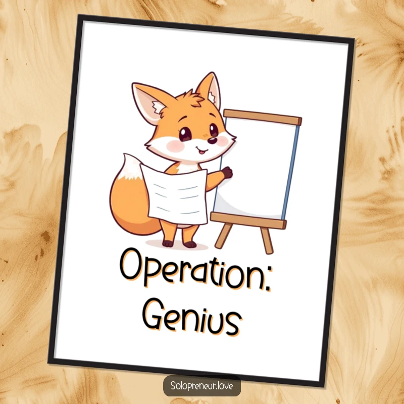 Funny fox character holding a plan and pointing at a whiteboard, depicted in a humorous poster artwork.