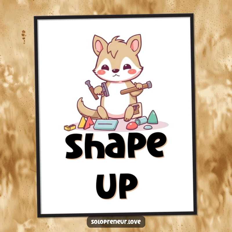 Funny builder animal poster art of a determined character using tools to build with abstract shapes, adding constructive humor to decor.