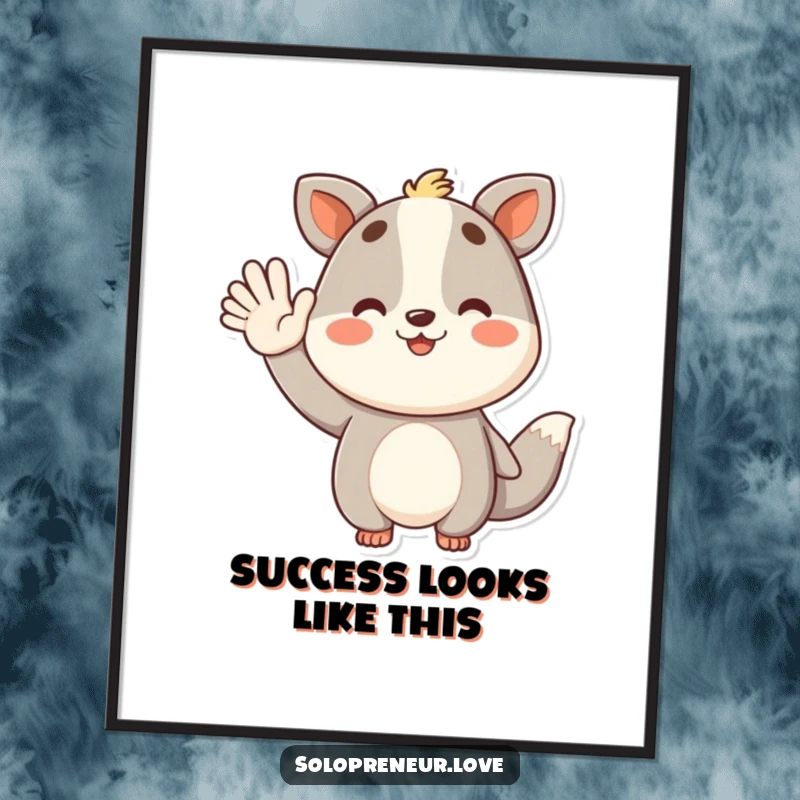 Funny poster of a smiling animal character waving in celebration of success, ideal for motivational decor.