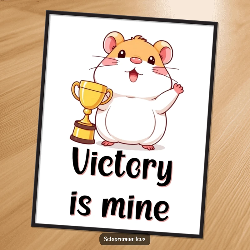 Funny beaming hamster poster of a character proudly displaying a trophy, symbolizing victory and inspirational achievement.