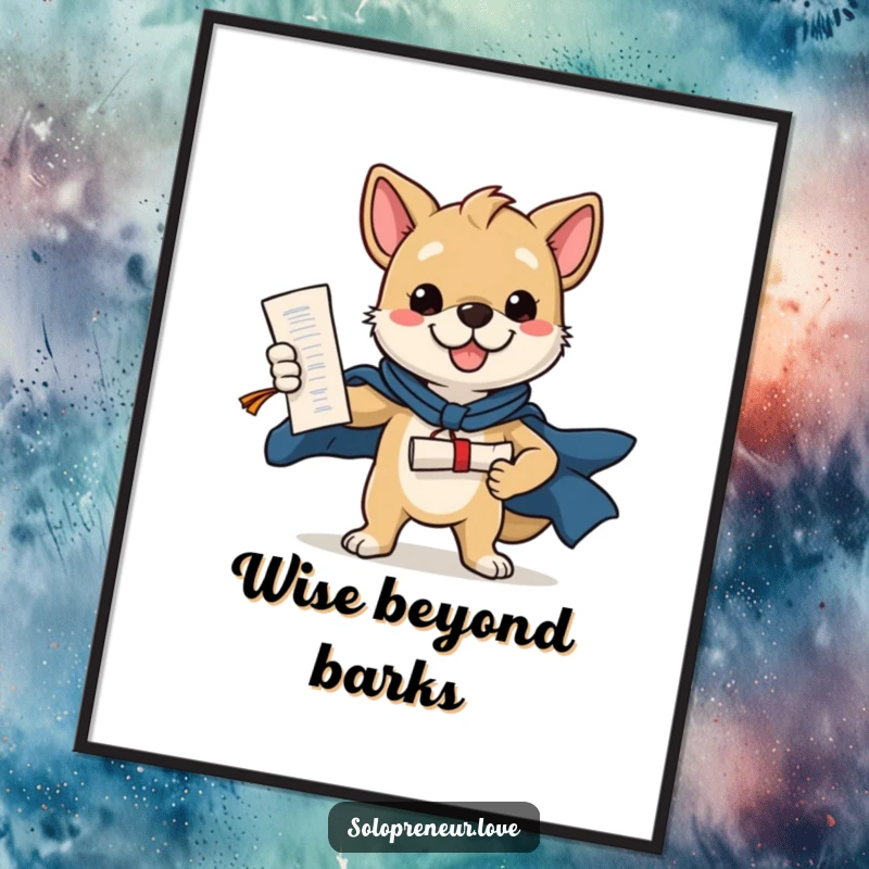 Funny poster print of a confident dog striking a heroic pose with a diploma, a humorous piece celebrating academic success.