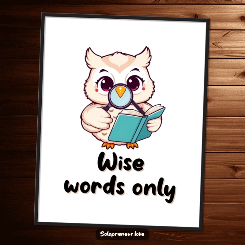 Funny happy owl poster of a character reading a book with a magnifying glass, symbolizing wisdom and the joy of learning.