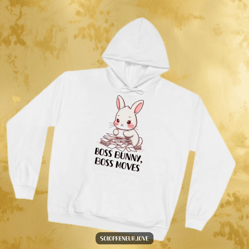 Funny hoodie showcasing a determined rabbit diligently organizing papers, perfect for cozy work sessions and a touch of desk-related comedy.