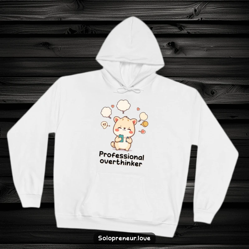 Funny hoodie depicting a stressed yet cute animal character overwhelmed with thoughts and tasks, a humorous wearable.