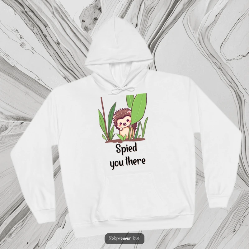 Funny hedgehog hoodie, a soft and warm hoodie featuring a hedgehog peeking from a plant, a comfortable funny gift.