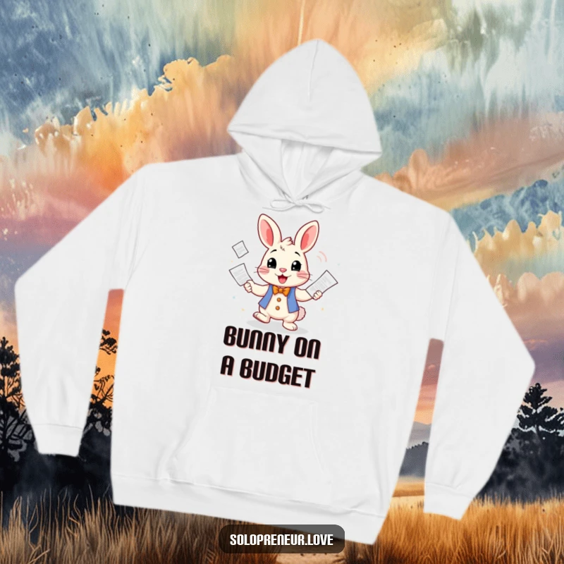 Funny Hoodie showcasing a cheerful rabbit character adeptly juggling business invoices, offering warmth and a humorous take on workload.