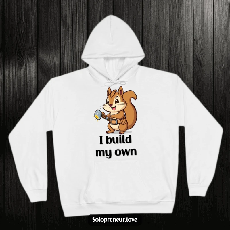 Funny Squirrel Carpenter Hoodie: A warm hoodie depicting a squirrel confidently hammering a glowing bolt, symbolizing hard work.