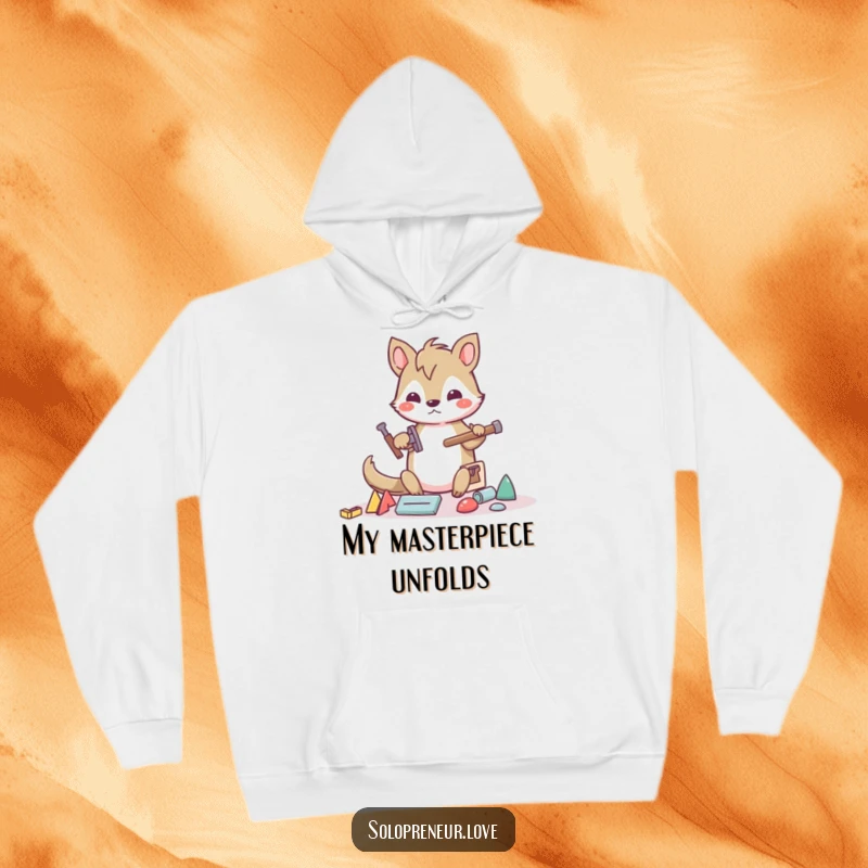 Funny builder animal hoodie with a determined character crafting with abstract shapes and tools, providing warmth and constructive humor.