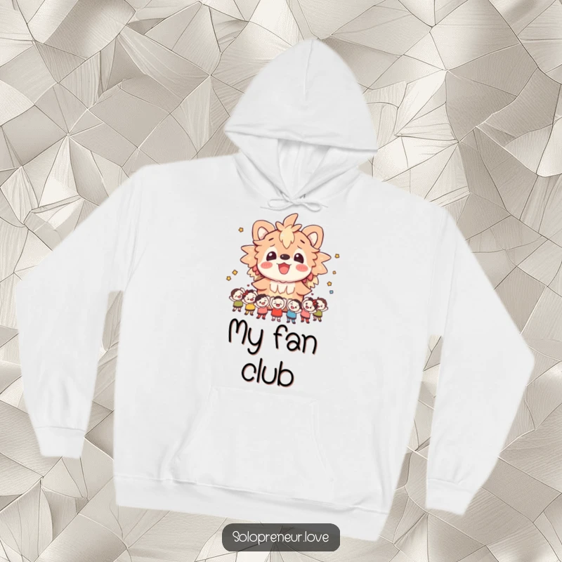 Funny hoodie depicting a cheerful creature embraced by a crowd of small, excited figures cheering them on, offering warmth and support.