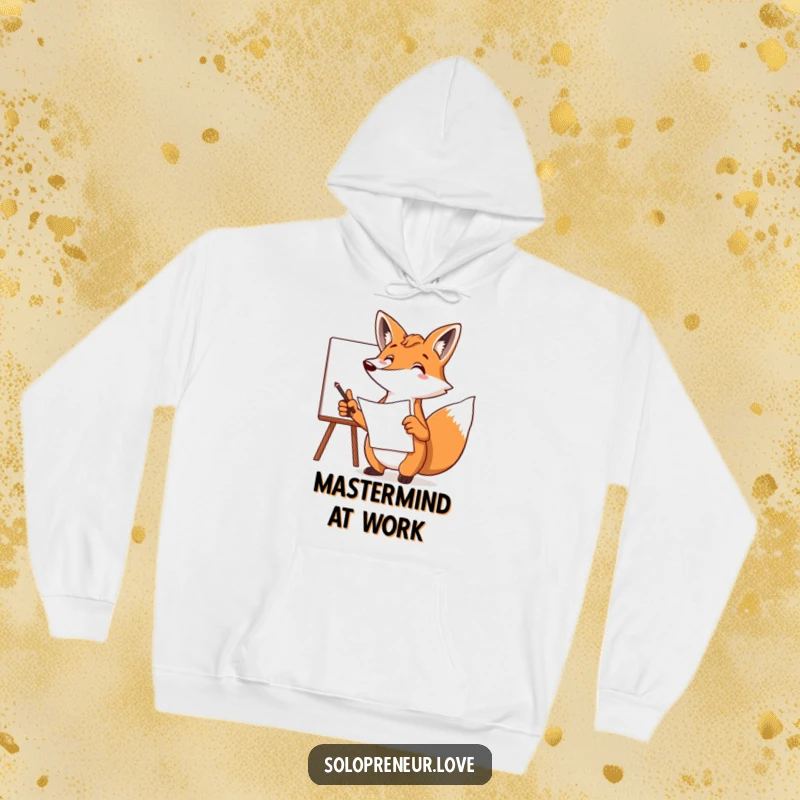 Funny fox hoodie showing a focused character pointing at a whiteboard with a plan, designed for cozy contemplation and humor.