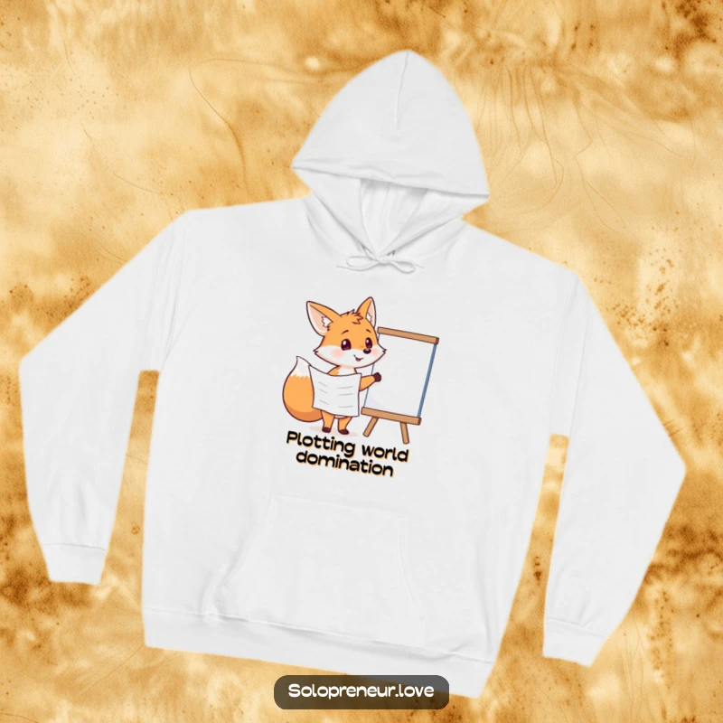 Funny fox holding a plan, pointing at a whiteboard, printed on a cozy and witty hoodie.