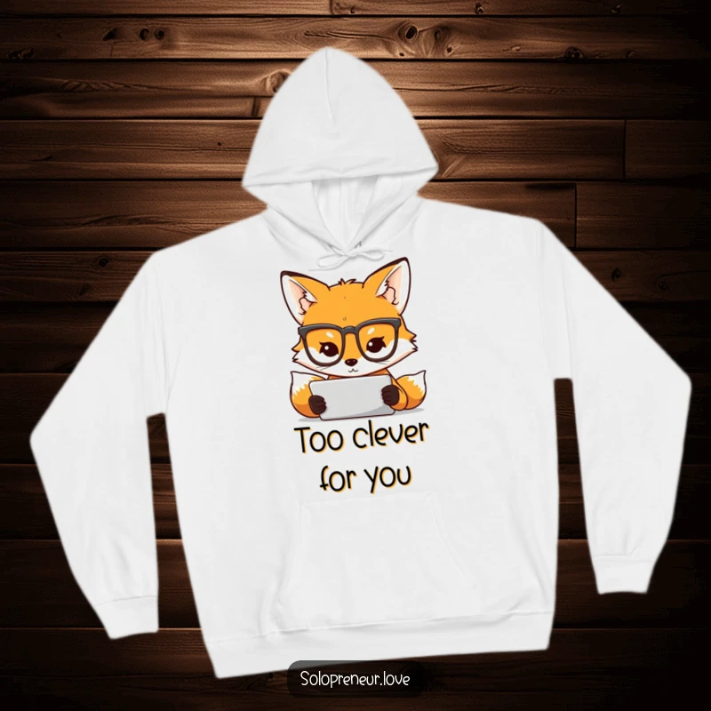 Funny hoodie of a wise fox in glasses concentrating on a tablet, symbolizing intellectual pursuits and cozy work.