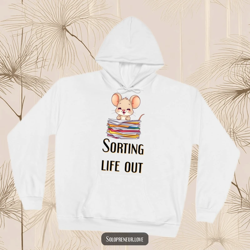 Funny giggling mouse hoodie depicting a character organizing colorful papers, offering warmth and a symbol of cheerful tidiness.
