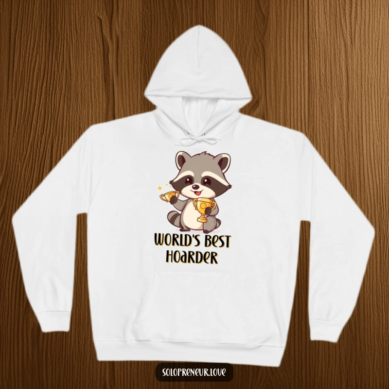 Funny hoodie depicting a grinning raccoon proudly polishing a tiny trophy, radiating joy and accomplishment in a cozy design.